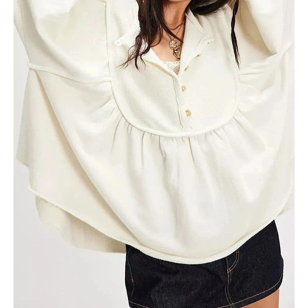 Free People About A Girl Pullover Sweatshirt Top Henley Flowy Cotton M 289539